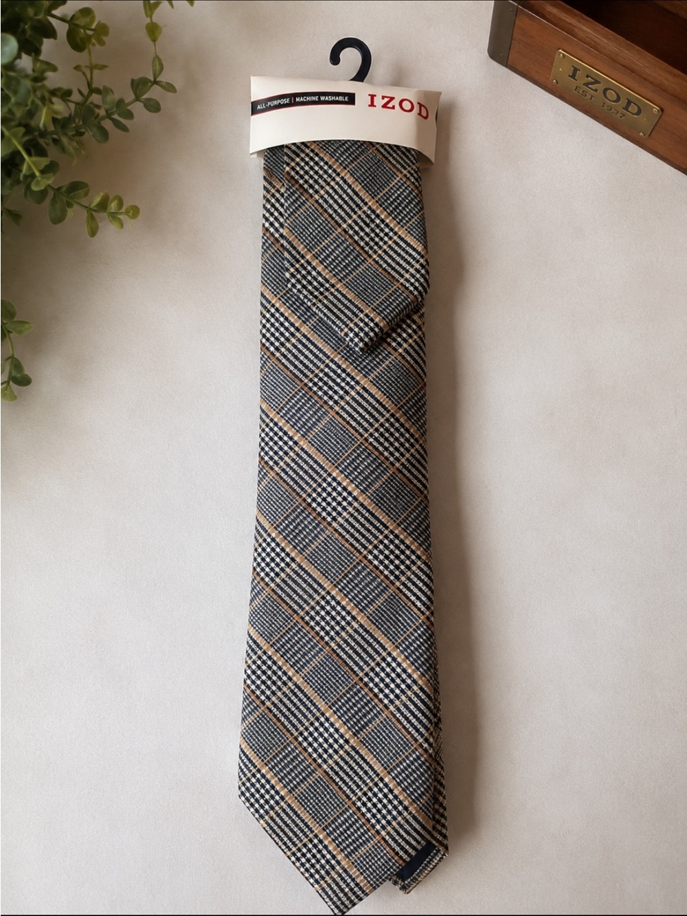Izod Plaid Tie with Navy and Tan Accents